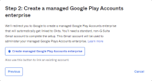 ［Create Managed Google Play Accounts enterprise（マネージドGoogle Playアカウントエンタープライズを作成）］ボタンを示す画像。